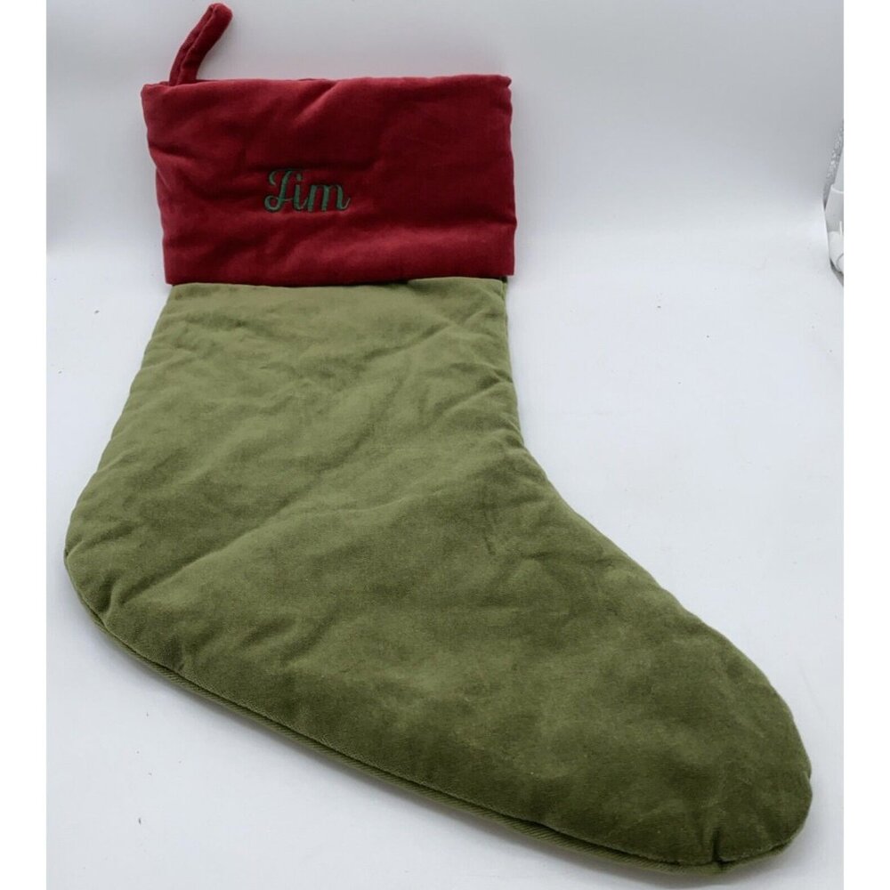 Pottery Barn Tim Velvet Stocking Christmas Holiday Xmas Monogram Green Red 19 in